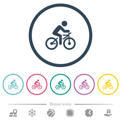 Bicycle with rider flat color icons in round outlines