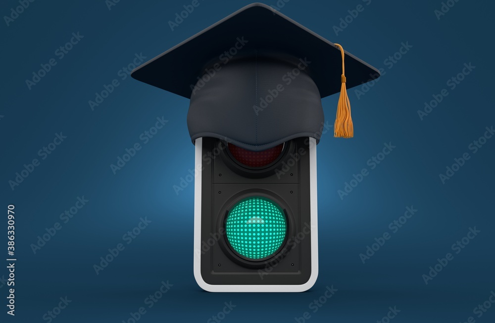 Poster green traffic light with mortarboard