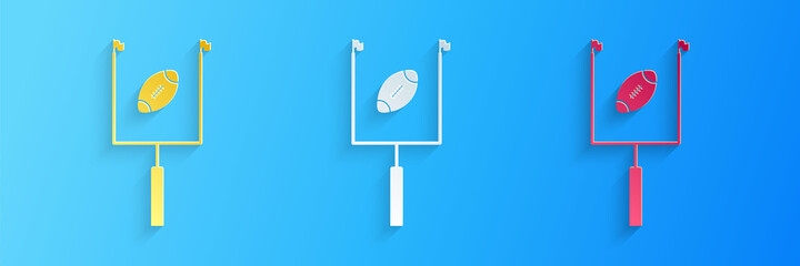 Paper cut American football with goal post icon isolated on blue background. Paper art style. Vector.