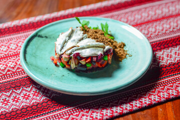Traditional russian salad with salted herring and beet -Dressed Herring. Russian and Ukrainian cuisine concept.