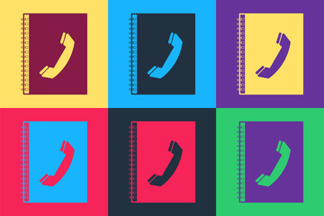 Pop art Phone book icon isolated on color background. Address book. Telephone directory. Vector.