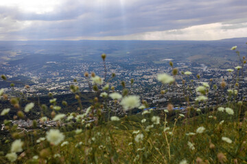 View of the Caucasian mountains in flowers at sunset.