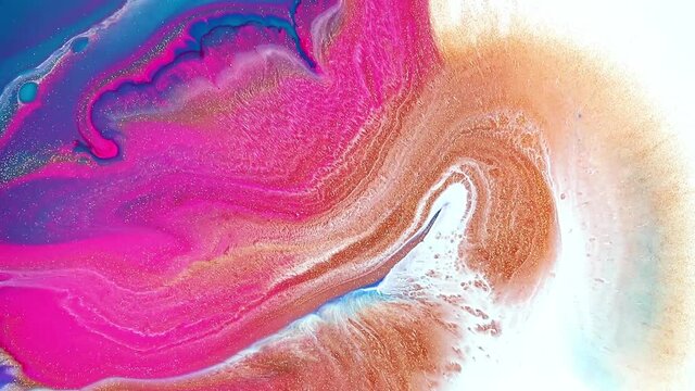 Fluid art painting footage, abstract acryl texture with colorful waves. Liquid paint mixing backdrop with splash and swirl. Detailed background motion with pink, golden and blue overflowing colors