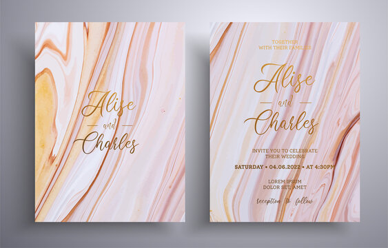 Beautiful set of wedding invitations with stone texture. Mineral vector covers with marble effect and place for text, brown, biege and white colors. Designed for greeting cards, brochures and etc