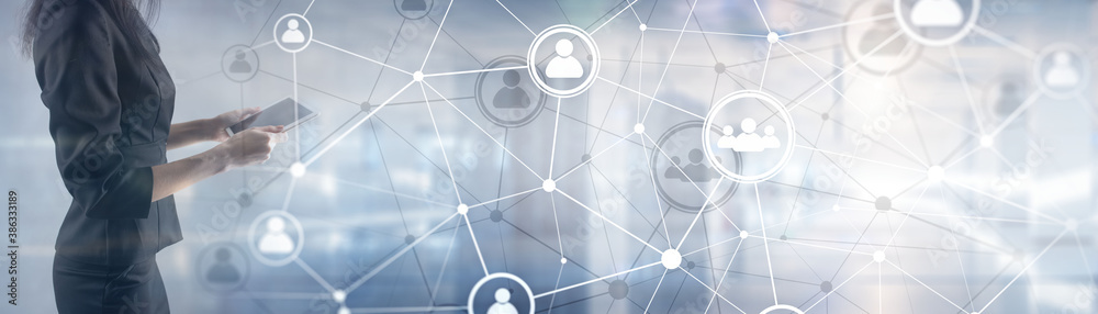 Poster background conceptual image with social connection lines on panoramic fone.