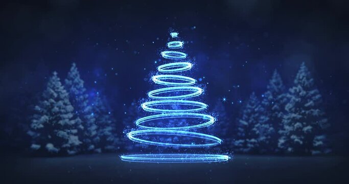 Revelation of abstract blue lines shaped as christmas tree over the night winter forest.  Winter seasonal 4k video background.