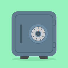 Safe box. Icon of vault of money in bank. Metal closed safe with lock for safety protection of deposit, wealth. Symbol of secure storage. Dial with password in front on steel door for trust. Vector.
