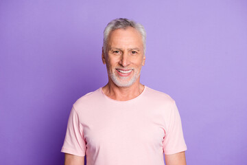 Close-up portrait of his he nice attractive cheerful cheery content grey-haired man wearing pink tshirt healthy life isolated over bright vivid shine vibrant lilac purple violet color background