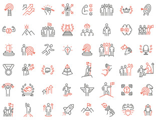 Vector Set of Linear Icons Related to Human Resource, Leadership Traits, Striving for Development, Career Progression and Self-Realization. Mono Line collection icons and Infographics Design Elements - obrazy, fototapety, plakaty