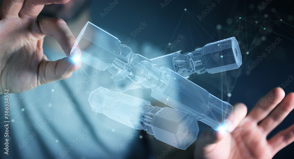 Poster man holding and touching green renewable energy battery 3d rendering