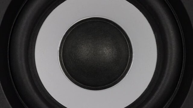 Black bass woofer. Modern speacker loud sound. Slow motion footage.
