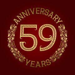 Golden emblem of fifty ninth anniversary. Celebration patterned sign on red.