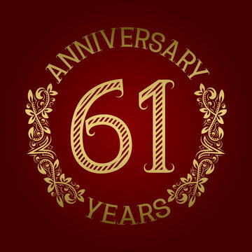 Golden emblem of sixty first anniversary. Celebration patterned sign on red.