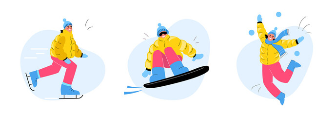 Winter fun. Set of people Winter sport. Woman Ice Skating. man on a snowboard. Child Plays Snowballs in Flat Style. Hand drawn. Vector stock illustration.