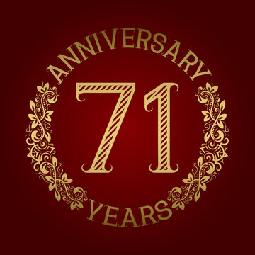 Golden emblem of seventy first anniversary. Celebration patterned sign on red.