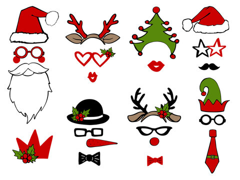 Christmas holiday photo booth mask. Vector xmas masquerade party costume accessories collection. Noel decoration for woman, man and kids. Happy new year cartoon face illustration template background