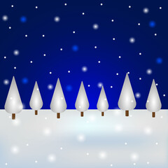 Christmas snowy forest with blue sky. Postcard for the holiday, vector illustration