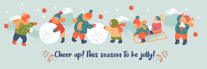 Winter season background kids characters. Flat vector illustration. Winter outdoor activities. Children  have fun.