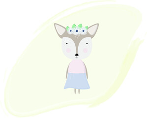 Cute fawn in a dress with flowers on a yellow background. Vector illustration