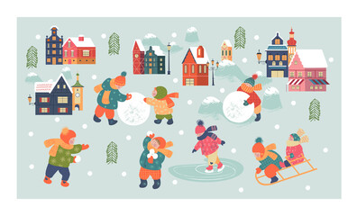 Fototapeta premium Snowy day in cozy christmas town. Winter christmas village day landscape. Children play outside in winter. Vector illustration, greeting card.