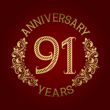 Golden emblem of ninety first anniversary. Celebration patterned sign on red.
