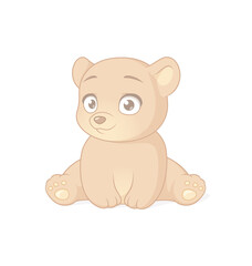 Cute sitting baby bear cartoon character. Vector illustration on white background.