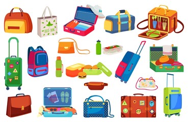 Traveling luggage icons isolated vector illustrations set. Suitcase for trip, open travel bag, journey baggage and tourists item. Packing luggage for summer voyage with stickers, travellers briefcase.