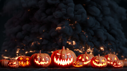 Halloween pumpkins on the smoke background. Halloween pumpkins background with fire flames and smoke. 3d illustration