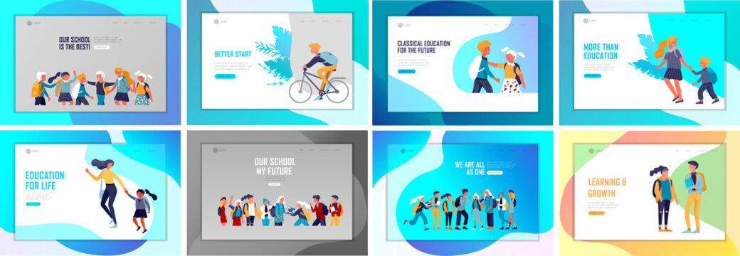 Landing page template with Back to school flat vector illustration. Preteen and teenage schoolkids. Parents with kids, schoolmates, friends cartoon characters