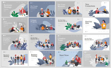 Office interior workplace with group workers communicating or talking to client or conversations between teamwork or meeting, brainstorming. Vector cartoon concept illustration