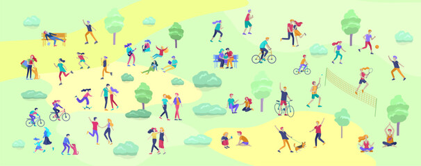 People Spending Time, Relaxing on Nature, family and children performing sports outdoor activities at park, walking dog, doing yoga, riding bicycles, tennis workout. Cartoon vector illustration - obrazy, fototapety, plakaty