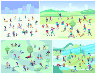 People Spending Time, Relaxing on Nature, family and children performing sports outdoor activities at park, walking dog, doing yoga, riding bicycles, tennis workout. Cartoon vector illustration