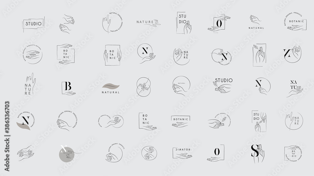 Wall mural logo design template in trendy linear minimal style. vector abstract hands. abstract symbol for orga