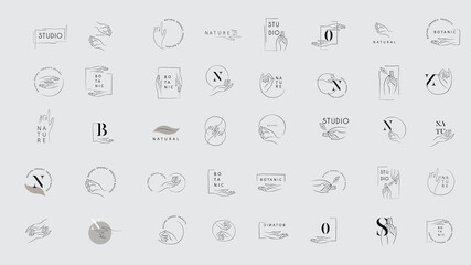 Logo design template in trendy linear minimal style. Vector abstract hands. Abstract symbol for organic products, beauty cosmetics, jewellery and hand crafted.