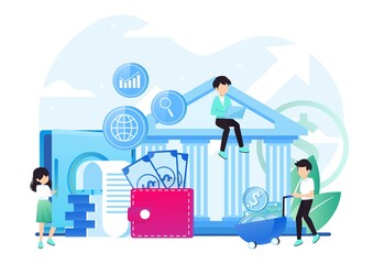 the concept of saving with an illustration of the wallet and the online method at the bank. Vector illustration