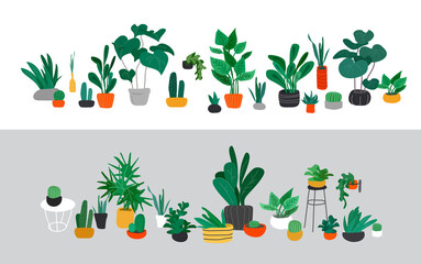 Potted plants collection. Urban jungle, trendy home decor with plants, cactus, tropical leaves. Set of house indoor plant vector hand drawn cartoon illustration