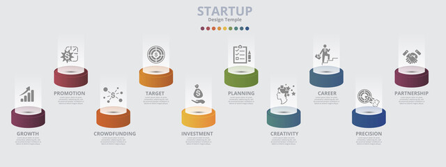 Infographic Startup template. Icons in different colors. Include Partnership, Precision, Career, Creativity and others.