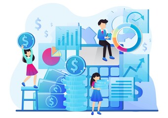 Balance financial value, management and administration concept. Characters, people engineering a plan. Statistic, calculating financial risk graph. Tiny people illustration. Vector illustration