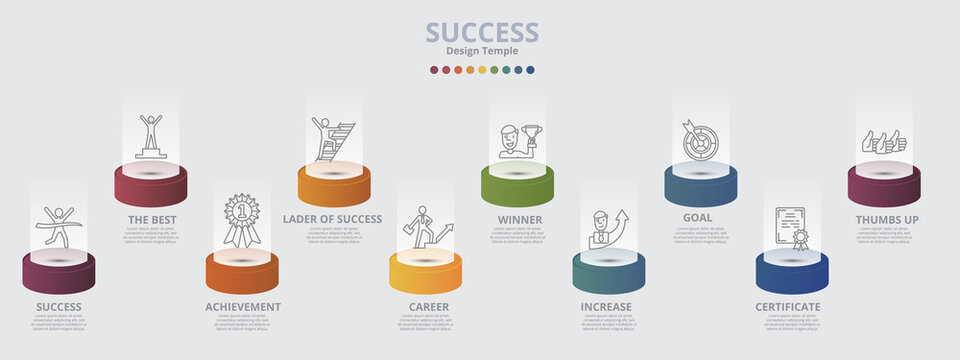 Infographic Success template. Icons in different colors. Include Success, The Best, Achievement, Lader Of Success and others.