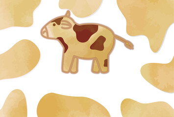 クッキー風の牛とホルスタイン柄の背景の年賀状イラスト