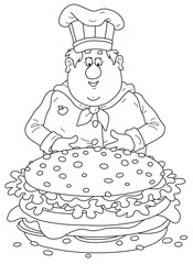 Smiling fat cook in a chef hat, with a freshly grilled, big and tasty hamburger with cheese, a cutlet and greens, black and white outline vector cartoon illustration for a coloring book page