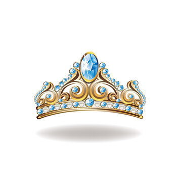 Beautiful golden princess crown with pearls and jewels. Vector illustration on white background.
