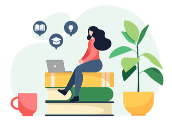 Student girl studying with laptop. online library concept. A young woman, sitting on a pile of books, gets knowledge on the Internet. Vector illustration for e-learning, online course, school concept