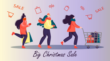 people rush to buy gifts for the holiday. shopping Promotion of special store offers. Markdown program. Vector illustration in flat style