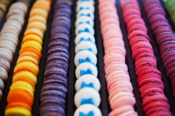 Rows and columns of multicolored macarons, traditional French cookies.