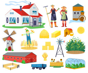 Farm buildings and constructions flat infographic vector elements set. Icons of farmer house, barn, windmill, watermill and greenhouse, tower. Agriculture farming and countryside life objects.