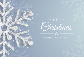 Christmas poster with shiny silver snowflakes on a white background. Vector illustration