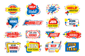 Job employment hire banners set, recruitment, line flat vector illustrations. Business design for job candidate evaluation, recruiting. Hiring, employment, freelance, career icons concept.