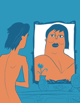 anorexic girl looks in the mirror and sees herself as fat. vector illustration.