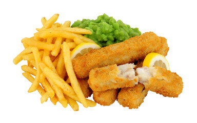 Breadcrumb coated fish finger sticks and French fries meal with mushy peas isolated on a white background